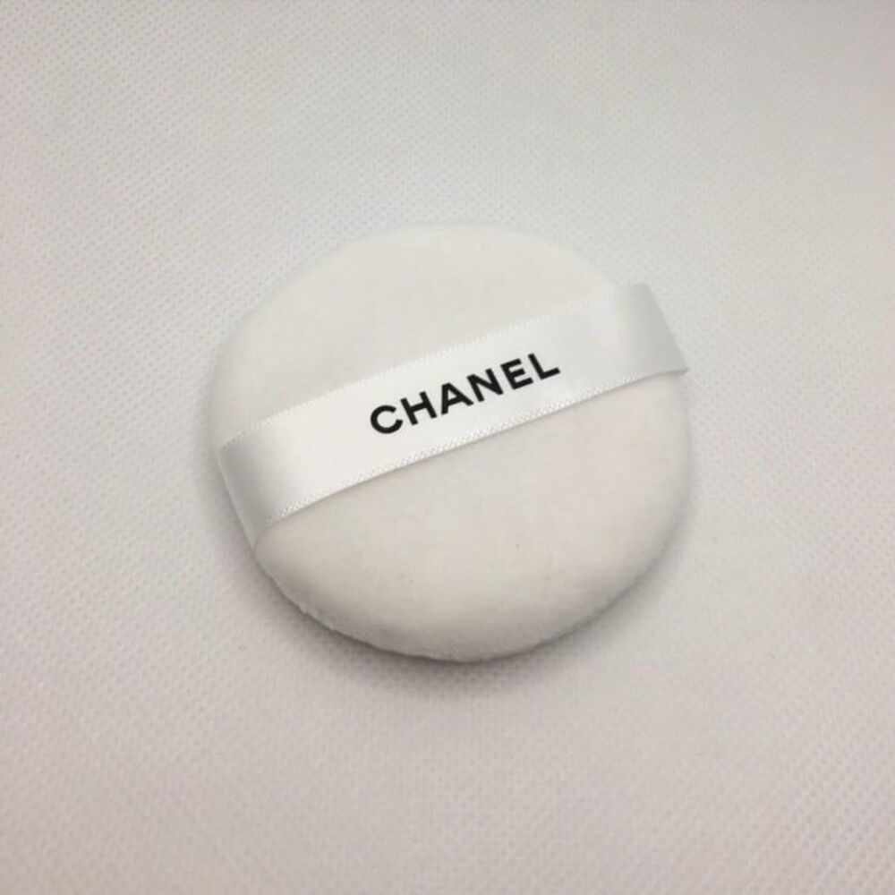 CHANEL Make Up Application Puff with logo on satin ribbon w/ sewn sides to hold